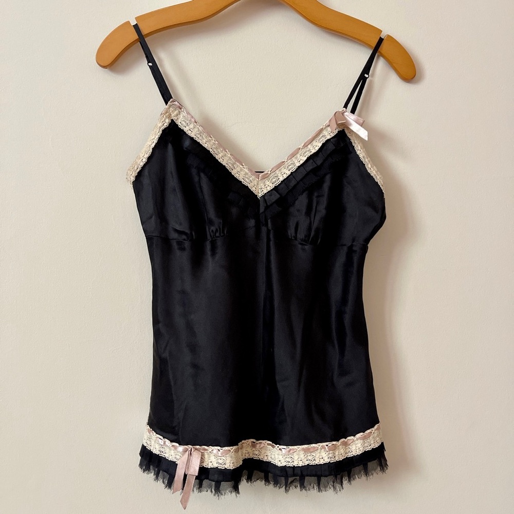 Gold Hawk Black Silk Lace Ruffle Cami Top